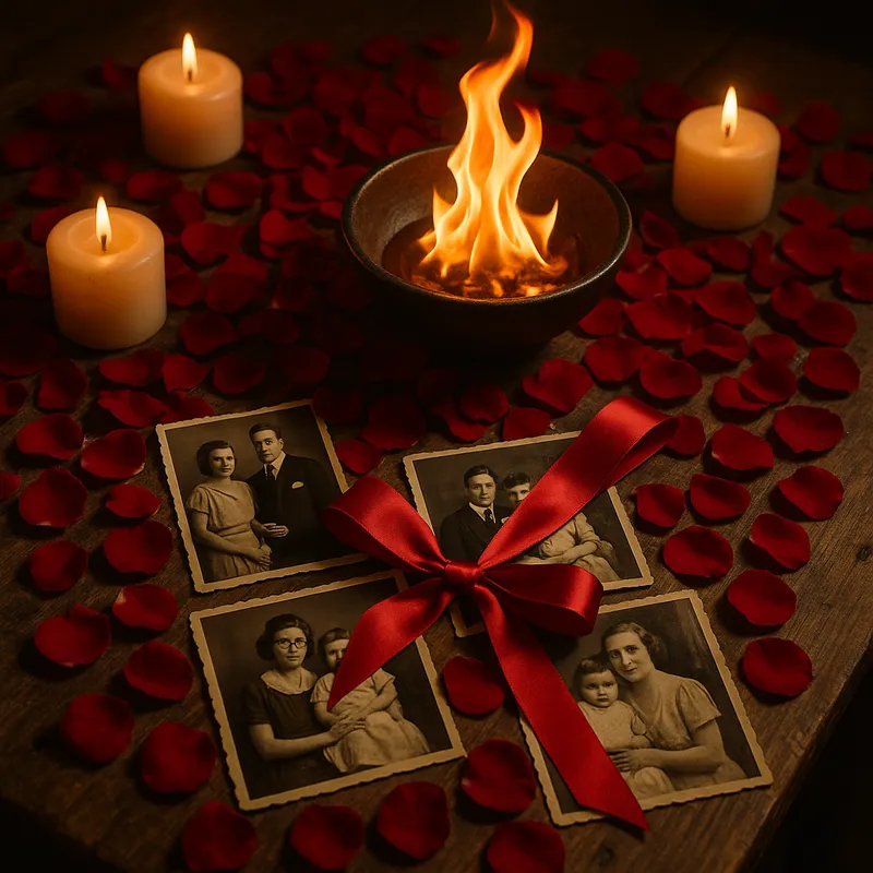 Red rose petals and candles
